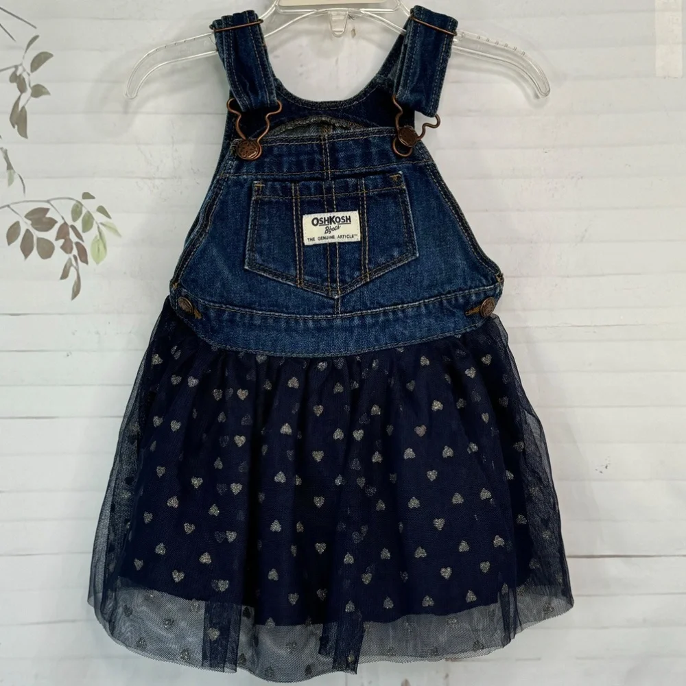 OshKosh B'gosh Toddler Girls Blue Denim Vest bak Overall Heart Dress 18 Months
